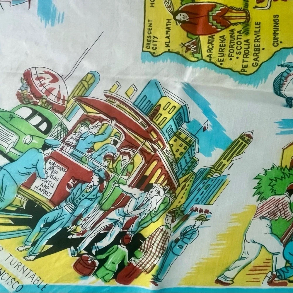 Vintage 1940s California Souvenir Map SILK Scarf Turquoise Yellow Red Oversized